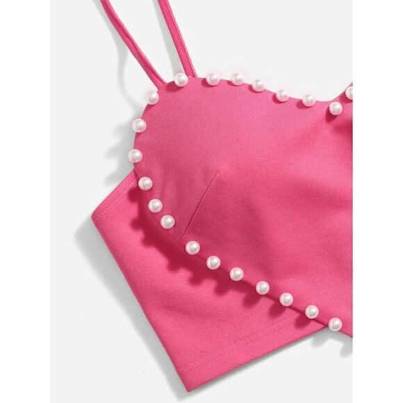 💗 Barbie Pink Cute Heart Shaped Crop Top Pearls Trim NEW WITH TAGS - Picture 6 of 16
